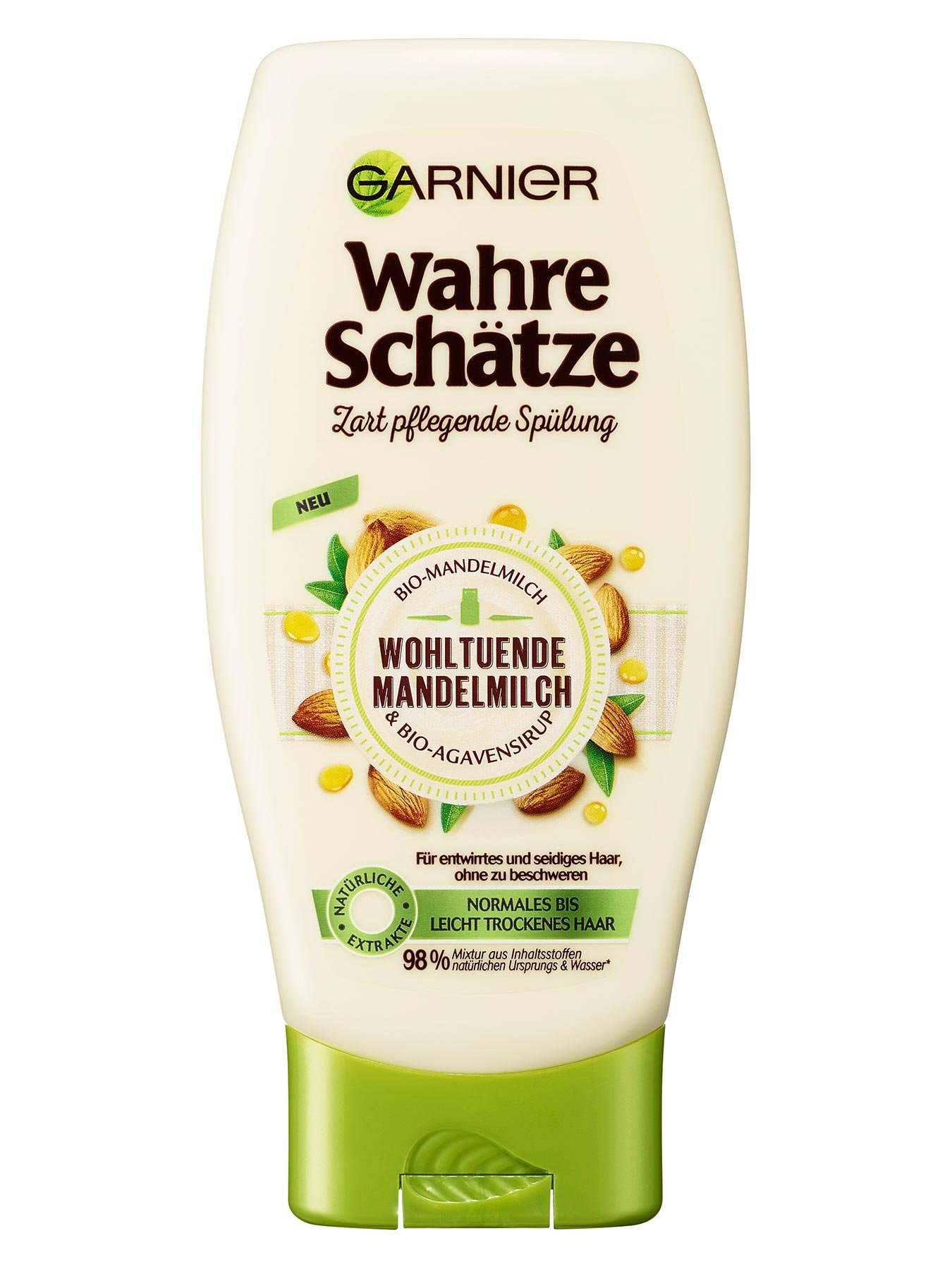 Zart-Pflegende-Spuelung-Wahre-Schaetze-Wohltuende-Mandelmilch-250ml-Vorderseite-Garnier-De-gross